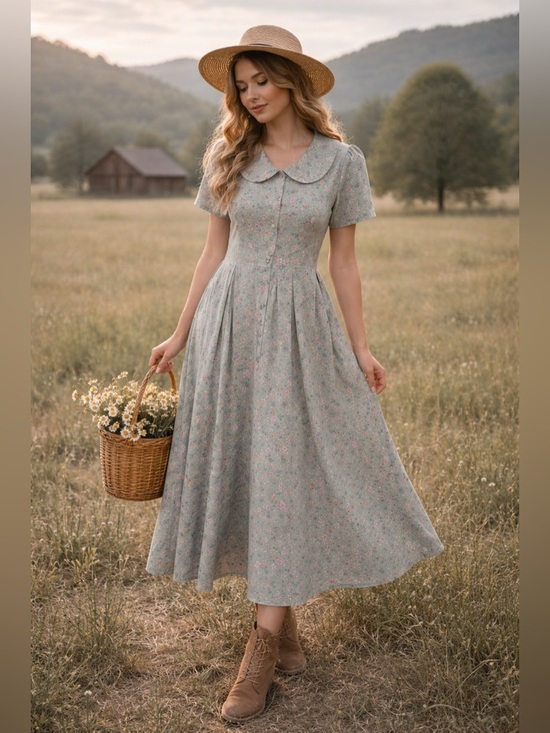 Flax Dresses & Skirts - Vintage FLAX Cottagecore Lavender Floral Midi Dress Collared Prairiecore Large